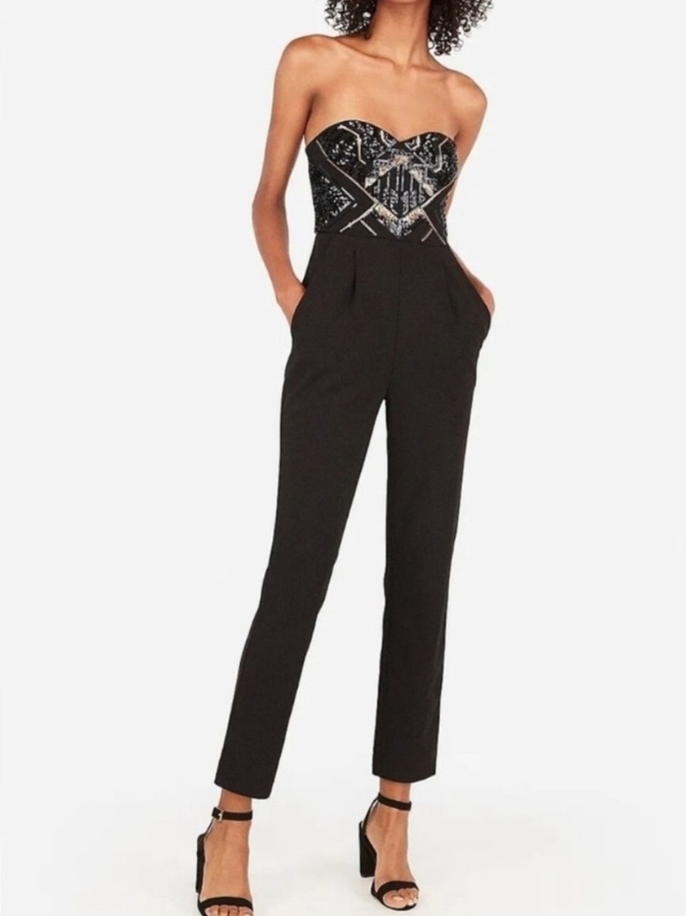 Express Black Strapless Sequin Bust Jumpsuit